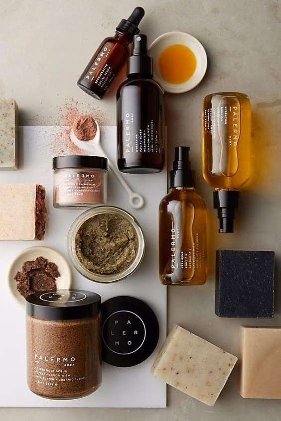Skincare products flat lay